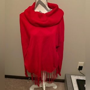 Michael Kors Cowl Neck Red Fringe Tunic Sweater